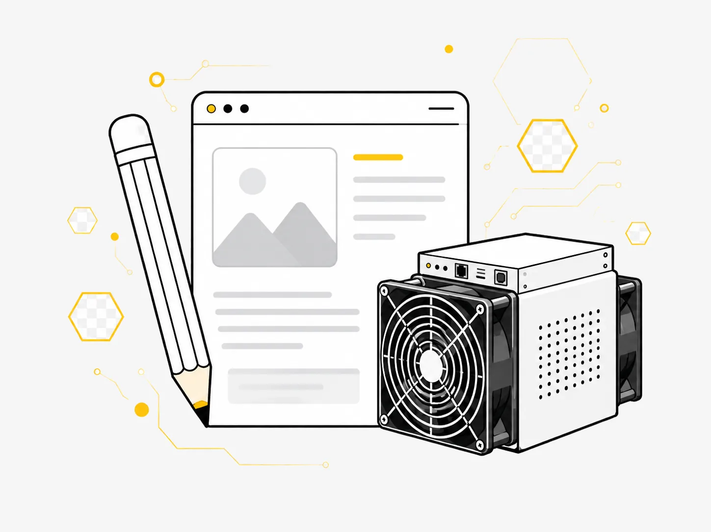 Illustration of a blog article, pencil, ASIC miner, and yellow circuit accents for OneMiners Reviews articles.